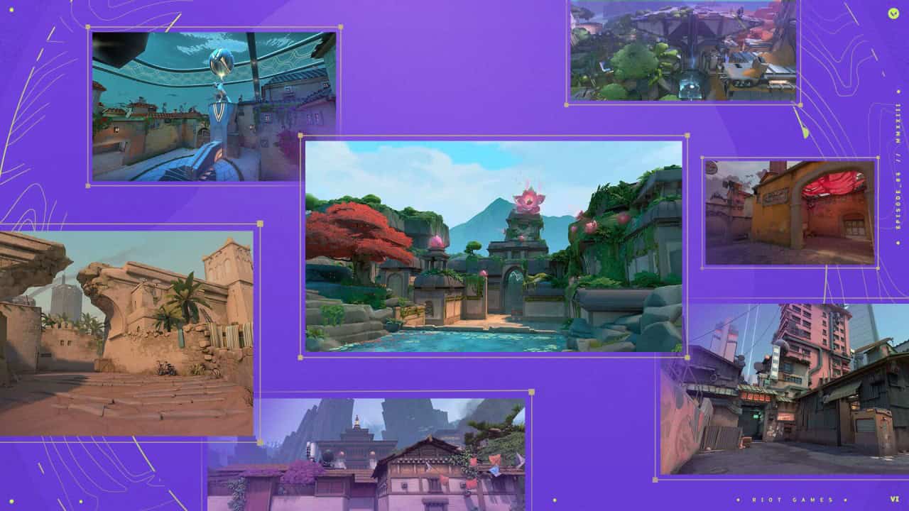Collage of various scenes from Valorant featuring diverse, stylized environments, including urban, tropical, and ancient ruins settings, with a purple frame and game developer's logo.