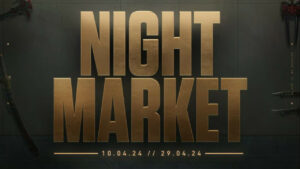 Promotional graphic for "Valorant night market" event with dates displayed and thematic weapons on the sides.