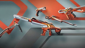 Four futuristic orange and grey rifles from the Valorant Switchback Bundle floating against a dynamic red and grey striped background.