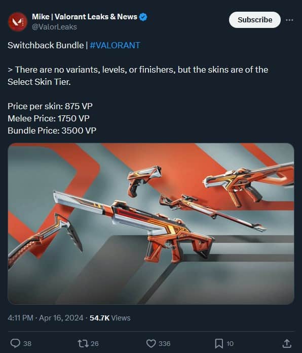 An image displaying a collection of sleek, futuristic Switchback weapons in Valorant, showcasing orange and metal finishes, against a contrasting abstract red and teal background.