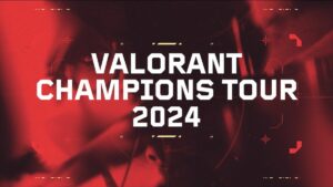 Promotional graphic for Valorant Champions Tour 2024 with a vibrant red and black design, showcasing the best equipment for pro use.