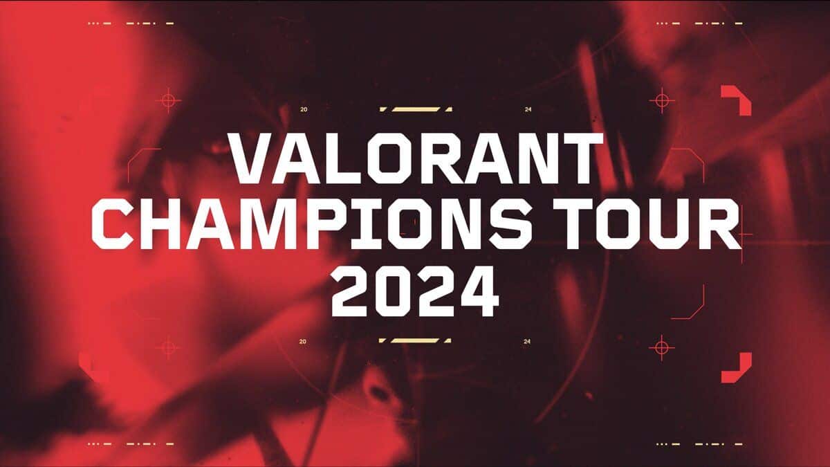 Promotional graphic for Valorant Champions Tour 2024 with a vibrant red and black design, showcasing the best equipment for pro use.