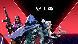 Three animated characters from the Valorant video game, showcasing stylized weapons and futuristic outfits, set against a dynamic red and black background.