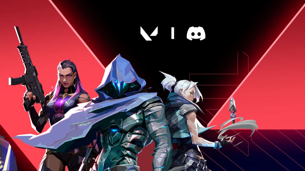 Three animated characters from the Valorant video game, showcasing stylized weapons and futuristic outfits, set against a dynamic red and black background.