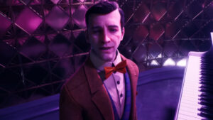 A man with a somber expression stands next to a piano in a dimly lit room with purple lighting