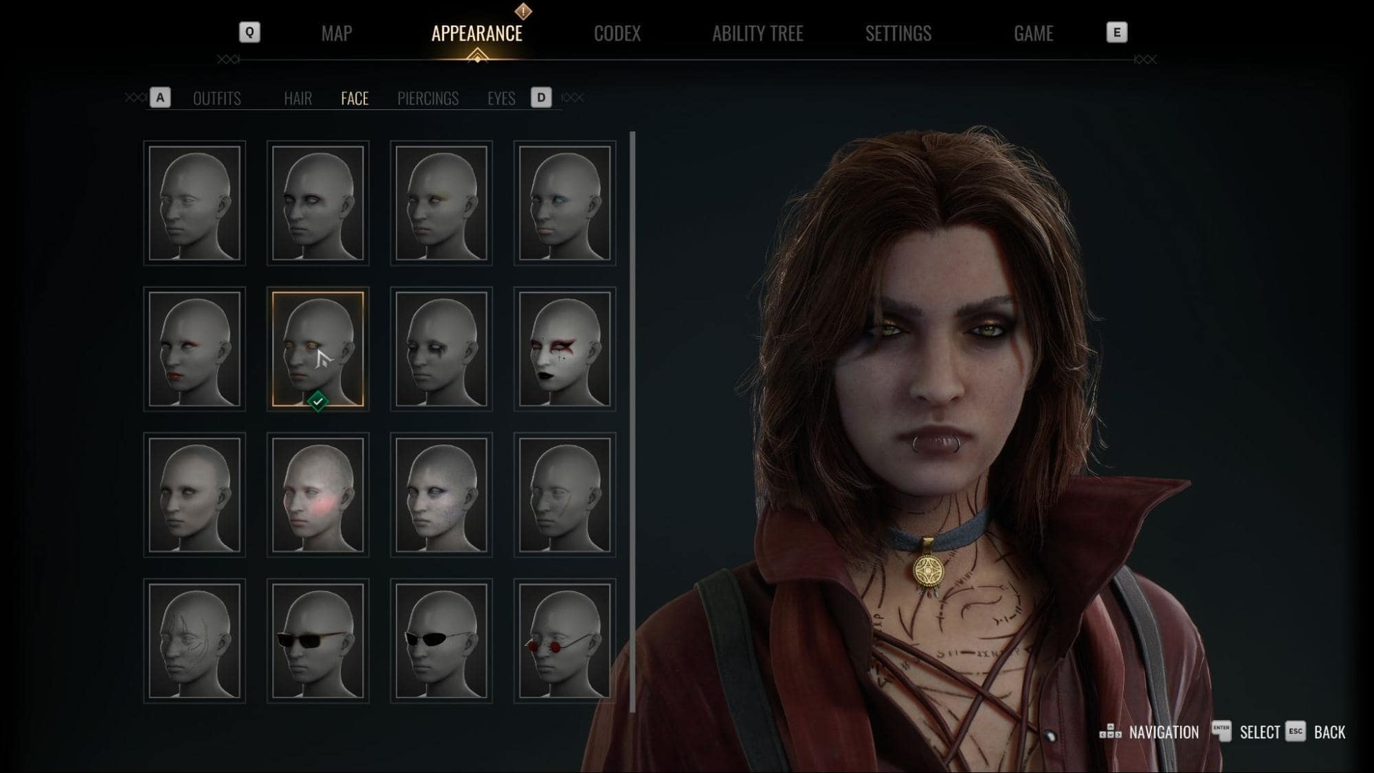 Character appearance customization screen from Vampire The Masquerade - Bloodlines 2: a female character with long brown hair and dark makeup is shown on the right, while various face options appear on the left grid