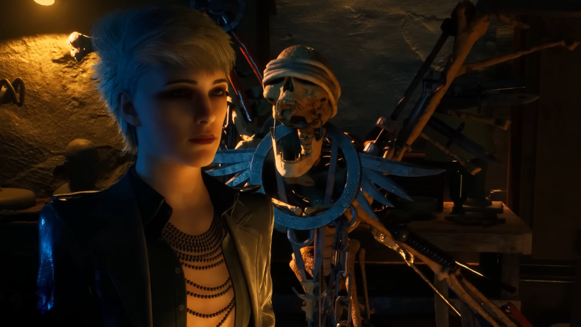 A person with short, light hair stands beside a mechanical, skeletal-like structure in a dimly lit chamber in Vampire: The Masquerade – Bloodlines 2