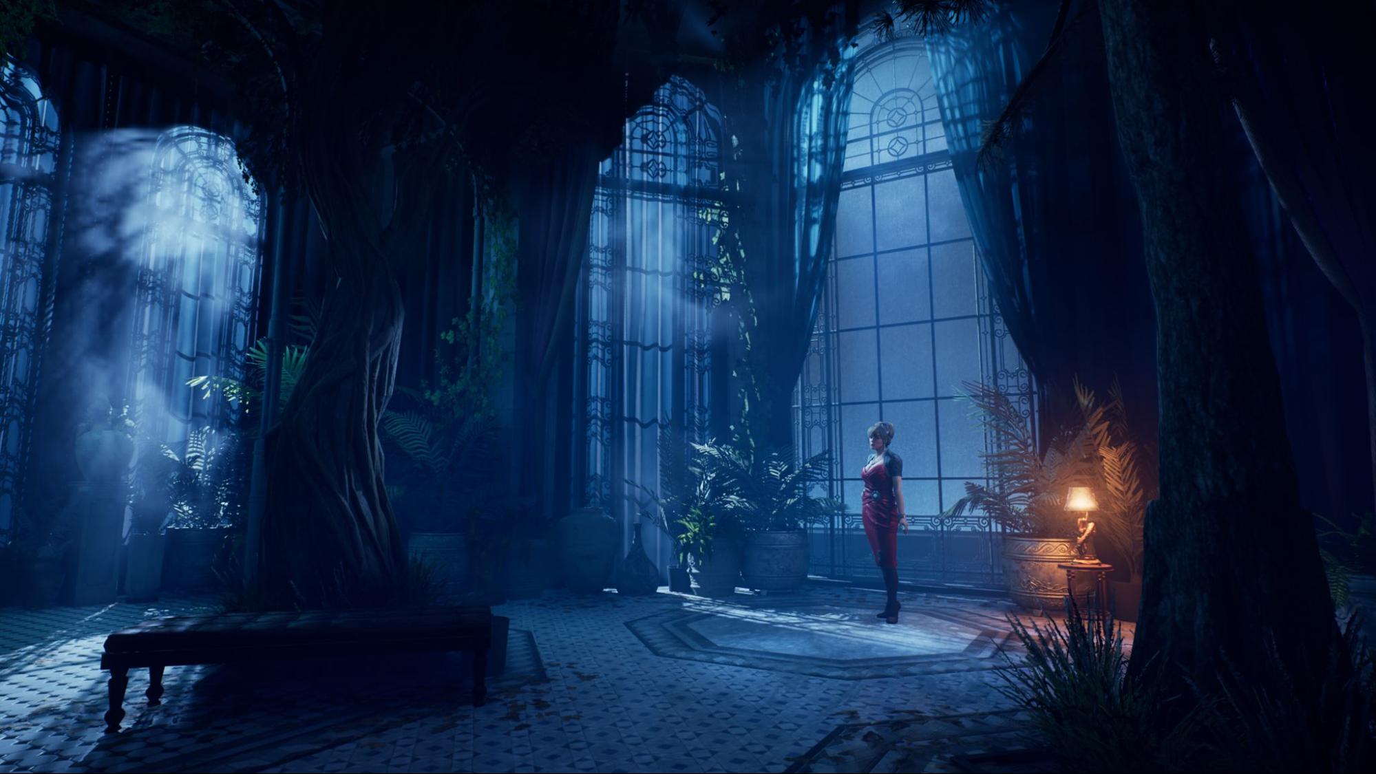 A woman stands in a dimly lit conservatory in Vampire The Masquerade - Bloodlines 2, where moonlight filters through tall windows, illuminating plants and casting eerie shadows