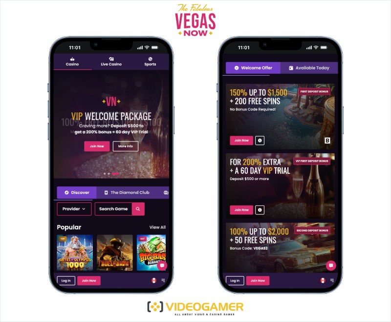 Two mobile views of the Vegas Now site, showcasing its welcome offer and promotions