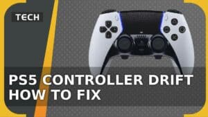 PS5 Controller Drift - How to Fix, with a DualSense Controller displayed behind the text