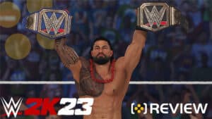 Roman Reigns holding two WWE championship belts in WWE 2K23