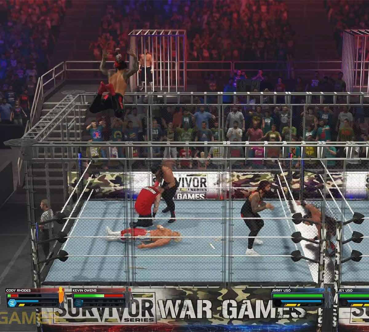 Wrestlers fighting in war games mode in WWE 2K23