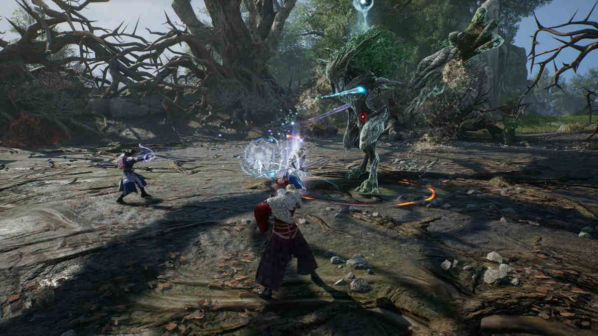Throne-and-Liberty-Wand-and-Tomb-Healer-Build: A picture of a wizard with a wand casting spells against a boss.