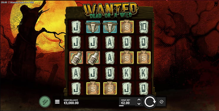 We post a screenshot of Wanted Dead or a Wild, a haunting Old West pokies game from Hacksaw Gaming. 