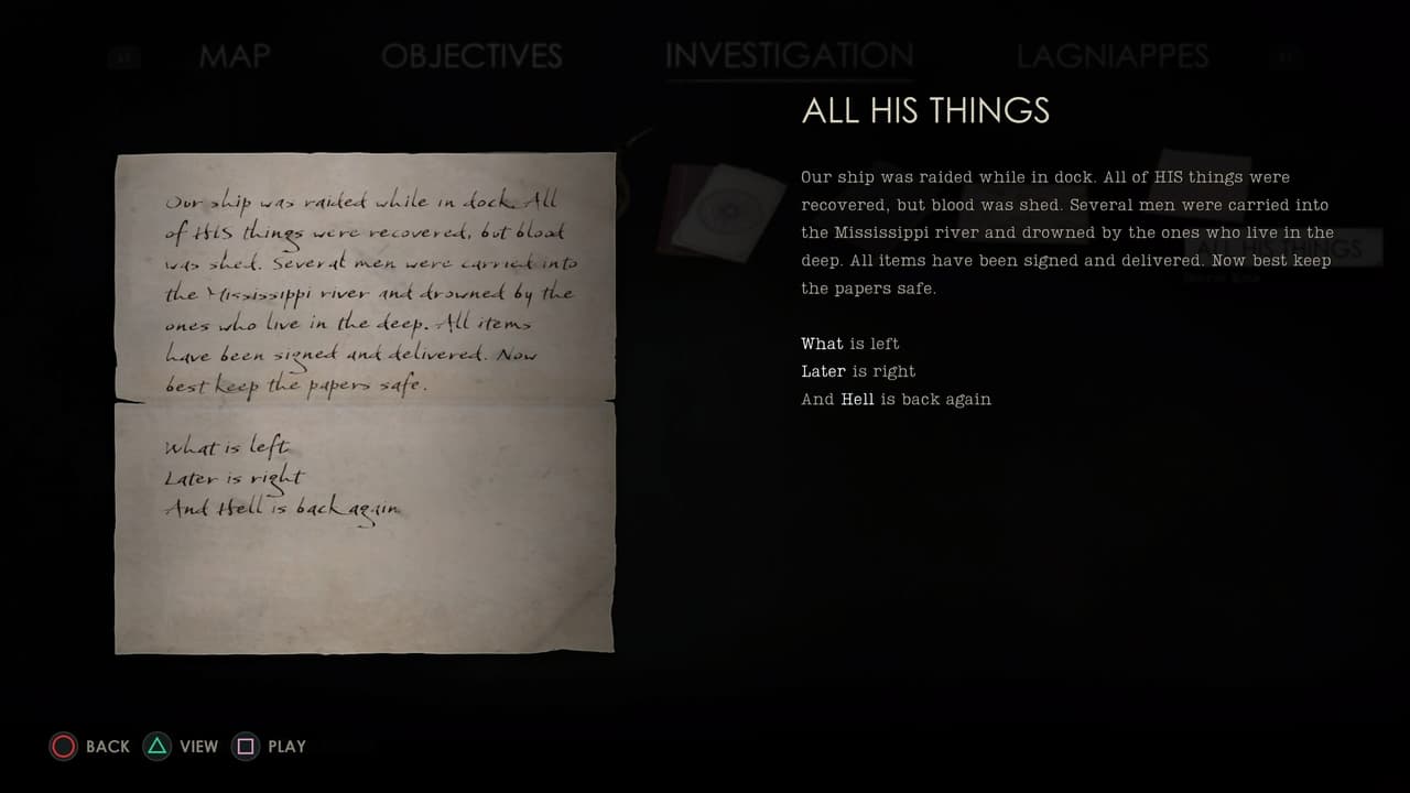 A close-up of the "Alone in the Dark" video game interface showing an in-game note with handwritten text, paired with a typewritten transcript for easier reading, including the Pregtz