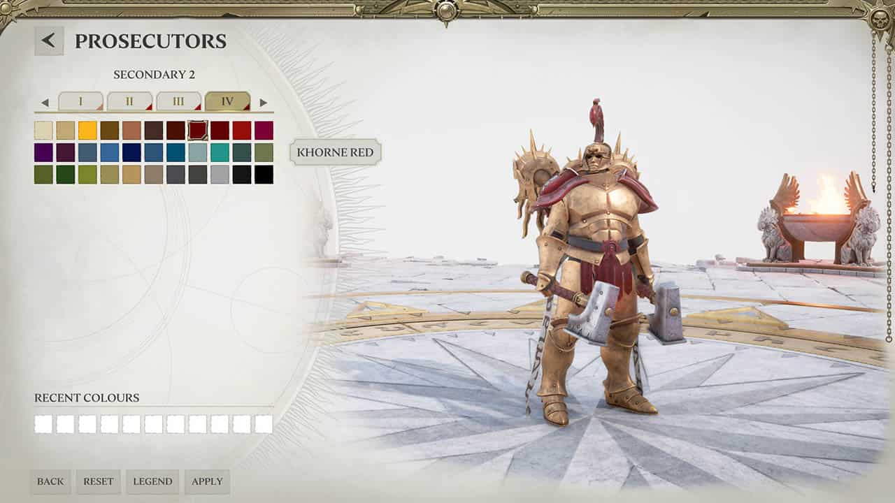 A screenshot of a character wearing armor and holding a sword in the Warhammer Age of Sigmar Realms of Ruin Army Livery editor