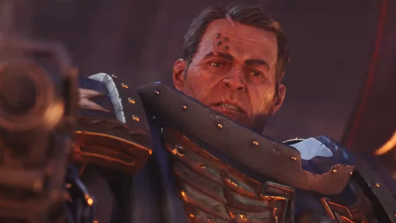 A man holding a gun in the highly anticipated Warhammer 40k Space Marine 2 video game.