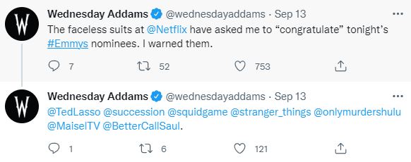 "Wednesday Addams" Emmy Tweet 2