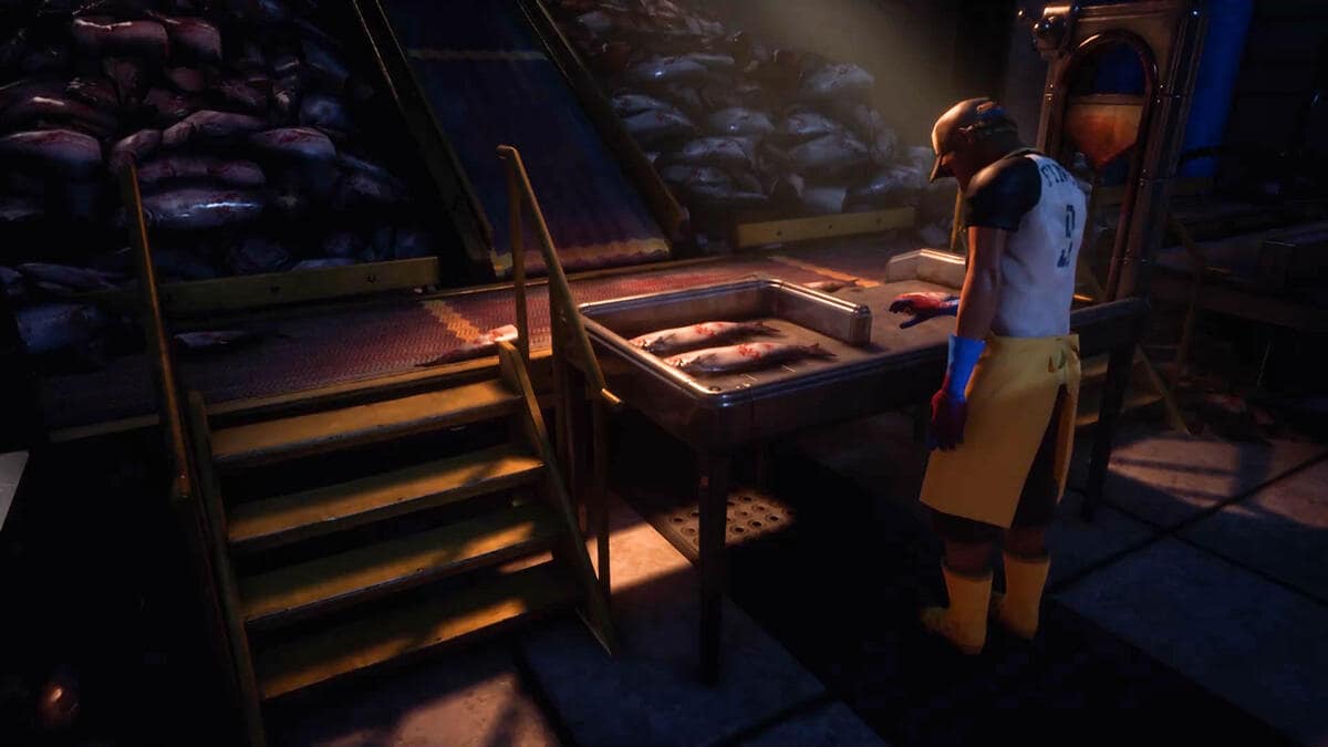 A person wearing a helmet and gloves stands in front of a table with fish on it in What Remains of Edith Finch.
