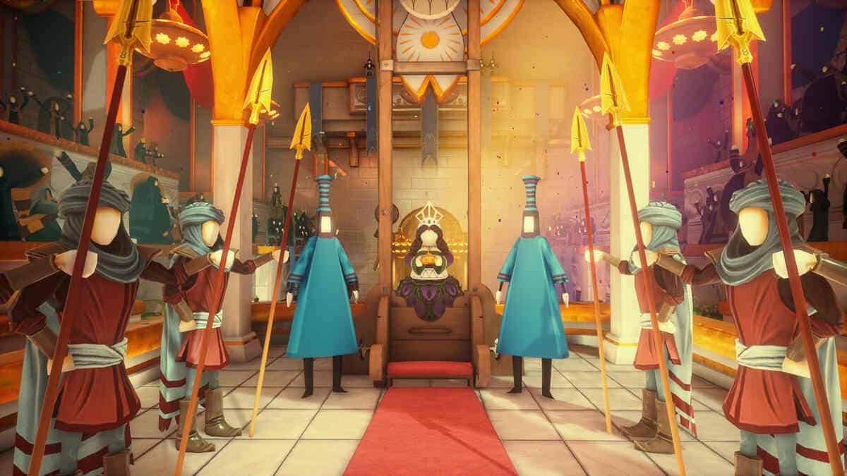 A queen sitting on her throne with her guards standing next to her in What Remains of Edith Finch.