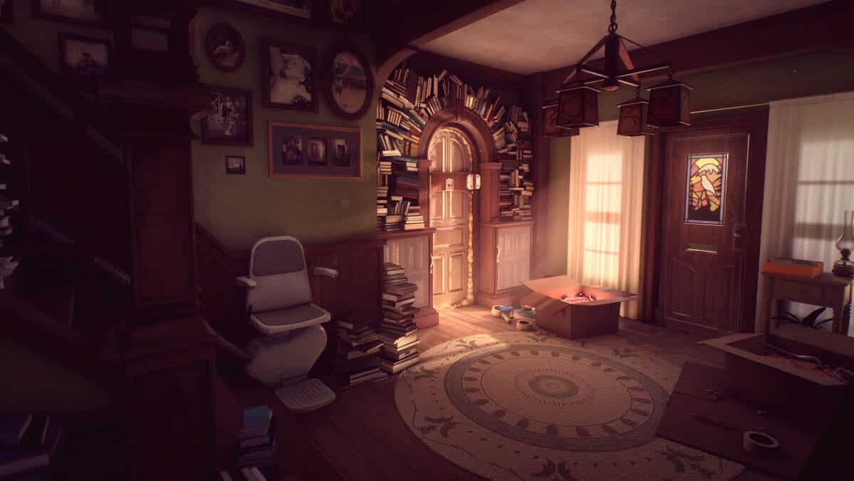 A cozy room with a staircase in What Remains of Edith Finch.