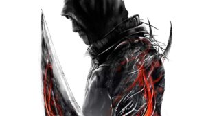 Concept art of Alex Mercer from Prototype, wearing a hooded jacket with his mutated arm transformed into a massive blade surrounded by red energy.