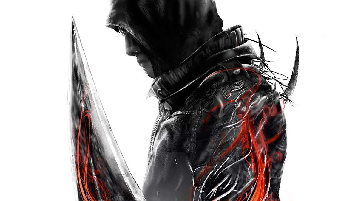 Concept art of Alex Mercer from Prototype, wearing a hooded jacket with his mutated arm transformed into a massive blade surrounded by red energy.