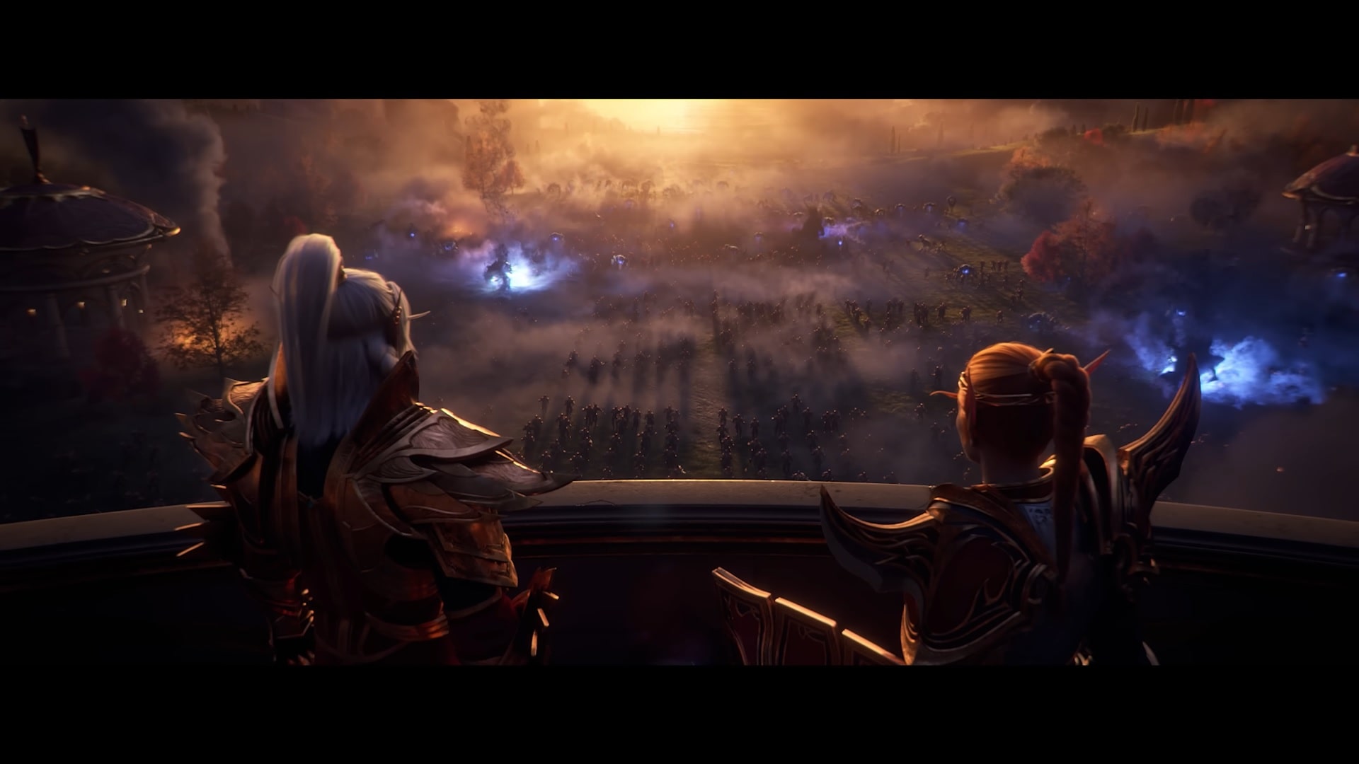 Blood Elf leaders overlooking a battlefield in Silvermoon during the World of Warcraft Midnight cinematic trailer