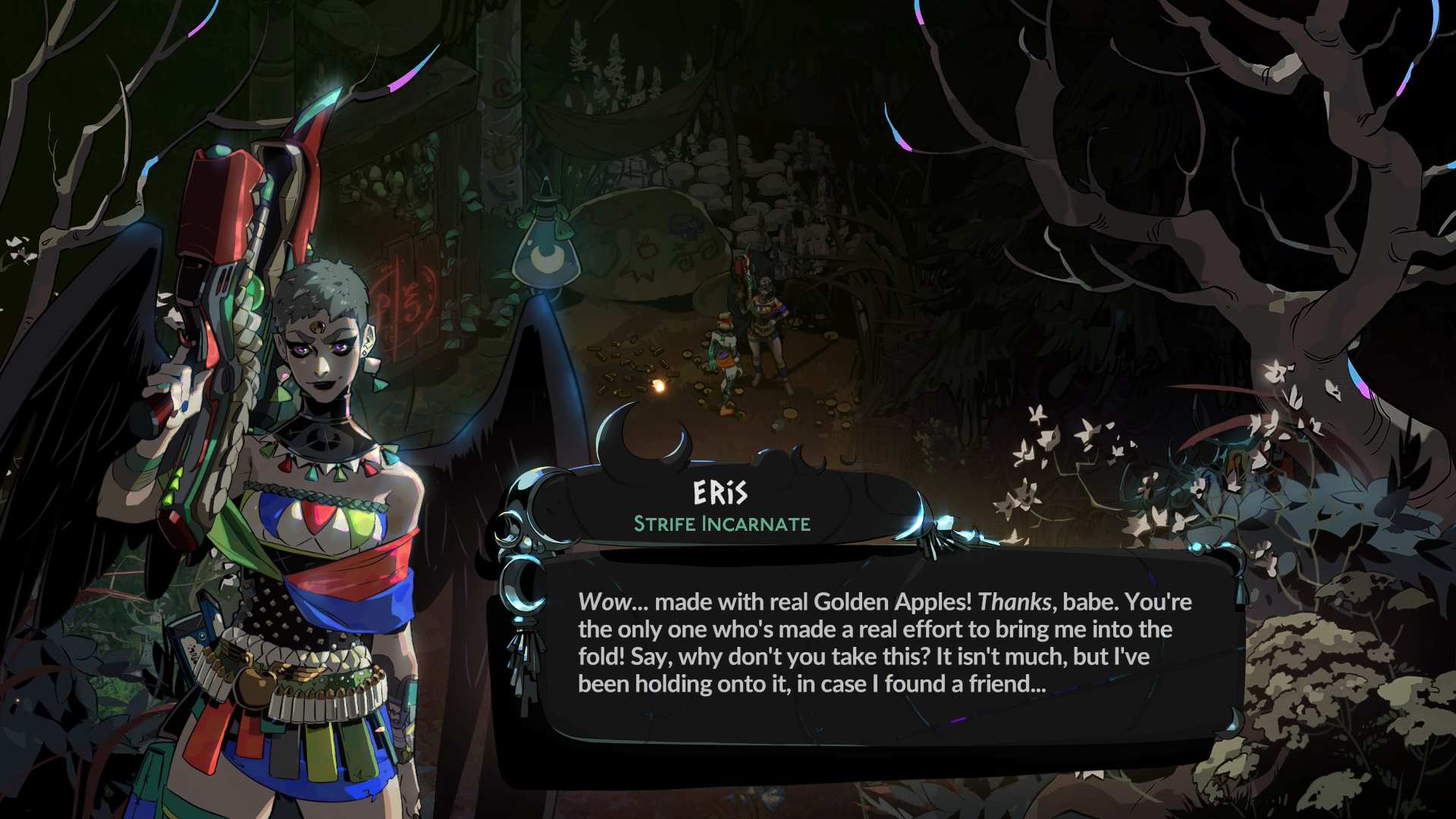 Eris, Strife Incarnate, holding a weapon during a Hades 2 cutscene, representing new character interactions in the 1.0 update."