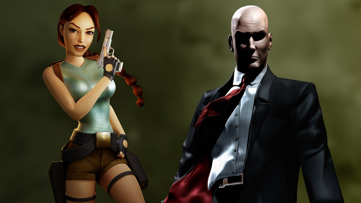 Lara Croft from Tomb Raider and a suited hitman character standing side by side