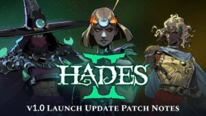 Hades 2 promotional artwork featuring key characters under the game’s logo, highlighting the official launch of version 1.0 patch notes.