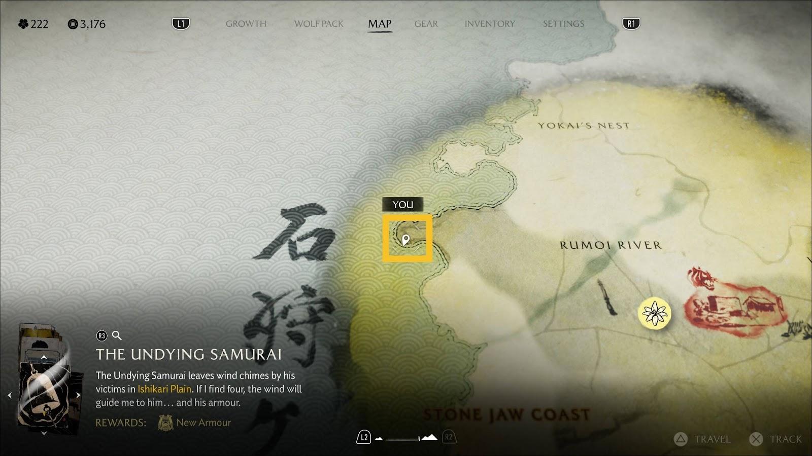 Map screen from Ghost of Yotei, displaying a quest titled 
