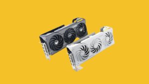 asus tuf rx 7800 xt and 7700 xt on a yellow background