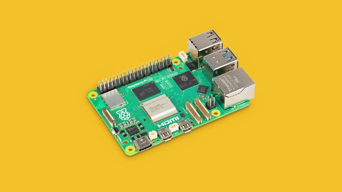 Where to pre order Raspberry Pi 5 from expected retailers, showcased on a yellow background.