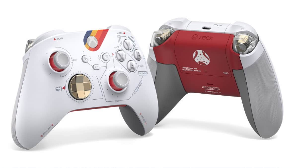 A red and white Xbox controller displayed alongside a matching headset.