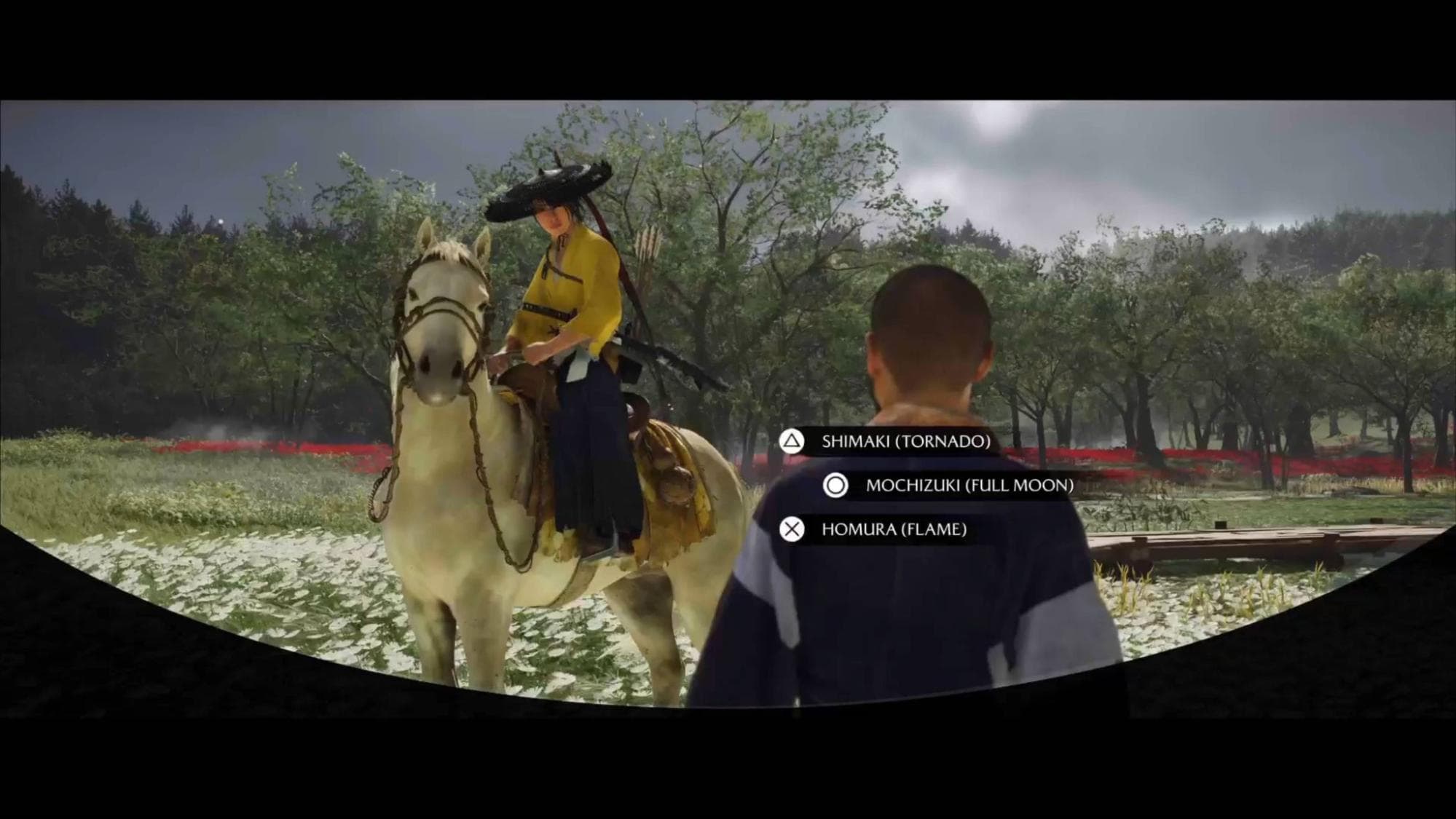 Character in traditional attire and wide-brimmed hat rides a horse in a peaceful field in Ghost of Yotei