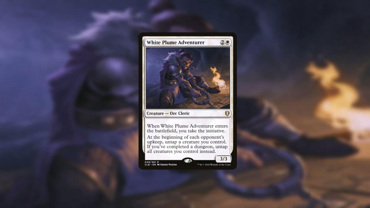 An image of the White Plume Adventurer card in the Baldur's Gate set of MTG. Image captured by VideoGamer.