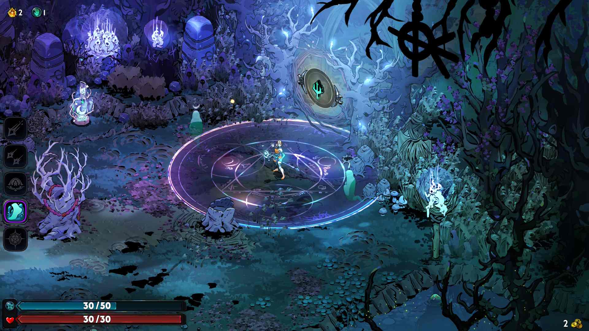 Hades 2 dialogue scene with Dora the Listless Shade addressing Melinoë inside a dimly lit underworld environment.