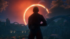 Character watching a solar eclipse over an alien landscape in The Outer Worlds 2