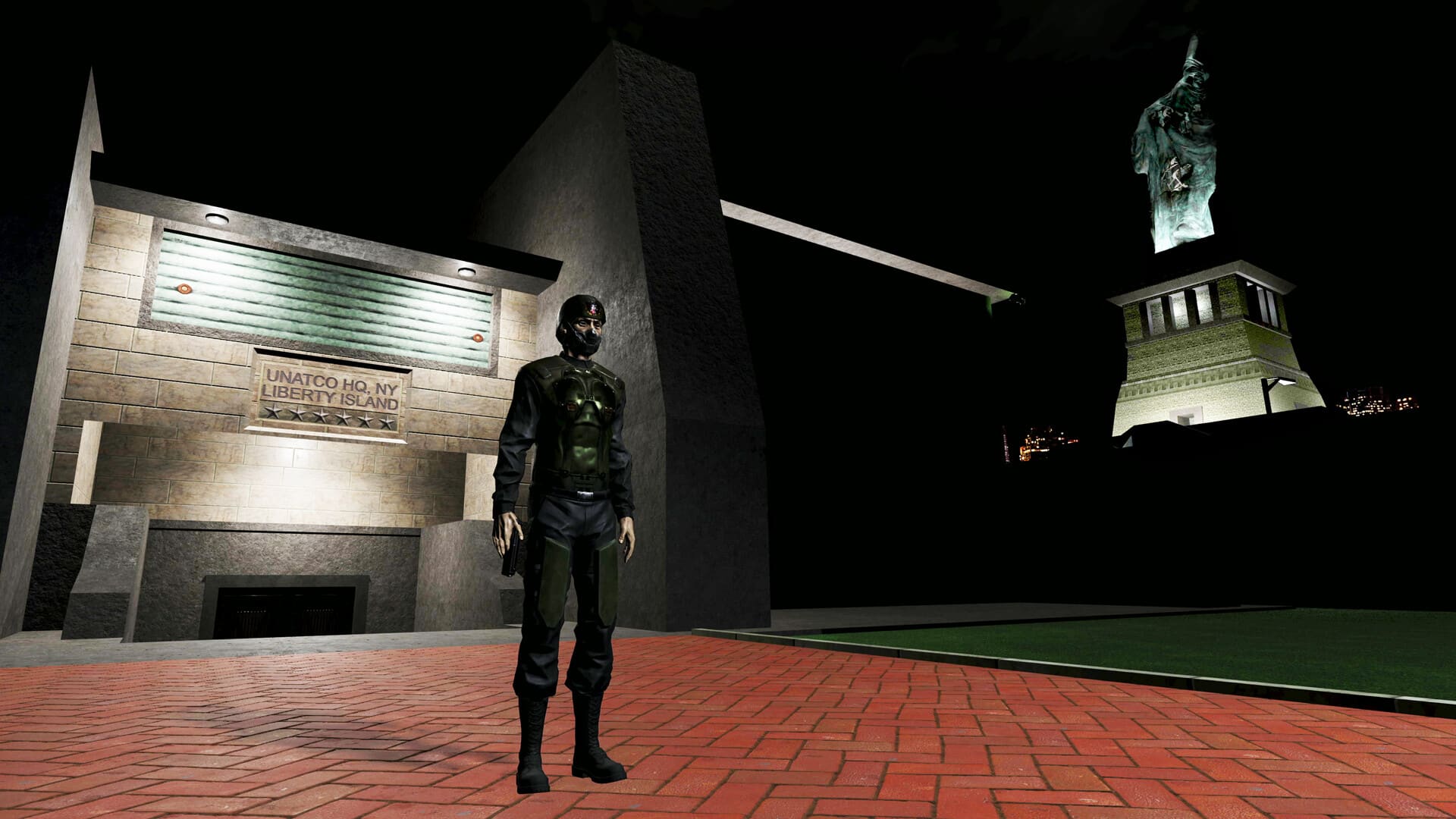 A person in dark tactical gear stands on a red brick path at night in Deus Ex scene