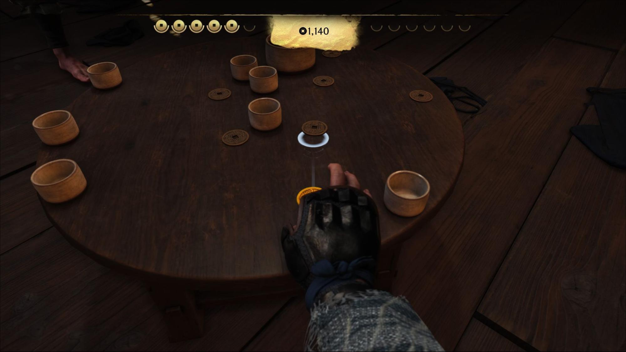 Player lines up a precise coin shot in the Zeni Hajiki mini-game from Ghost of Yotei