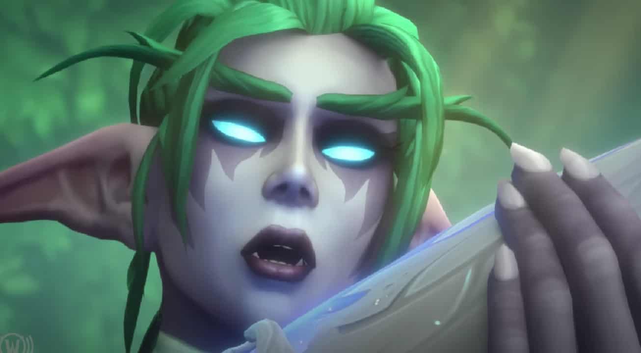 A female elf with green hair and blue eyes in the World of Warcraft Guardian's of the Dream update.