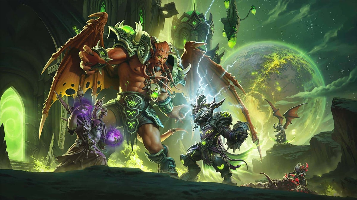 Heroes battle a demon lord amid green fel energy in World of Warcraft Legion Remix 2025