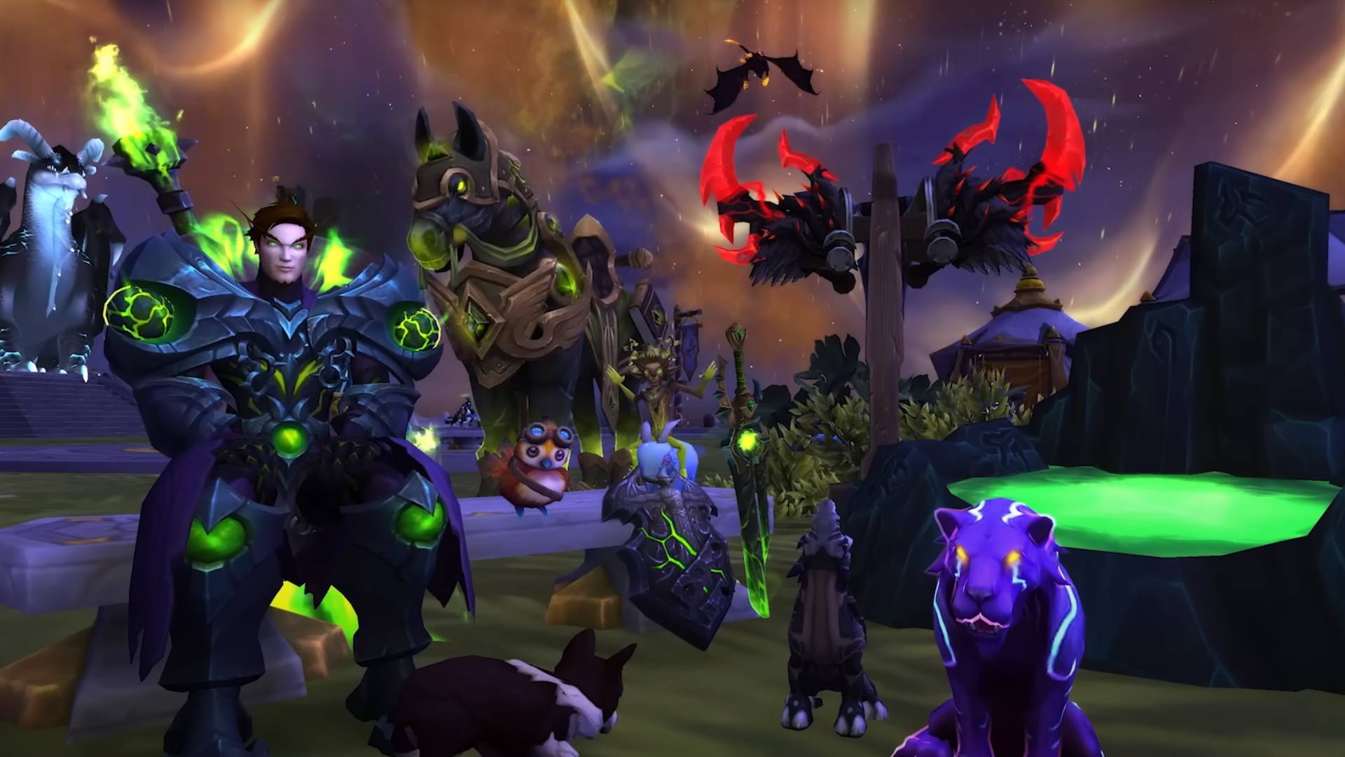 WoW Legion Remix characters posing with glowing armor, mounts, and pets under the Broken Isles sky