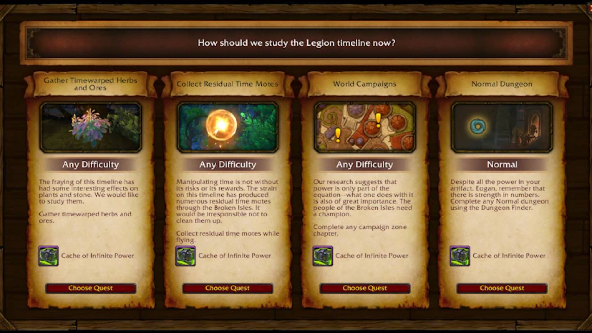 Quest selection screen in World of Warcraft Legion Remix showing missions for earning Caches of Infinite Power