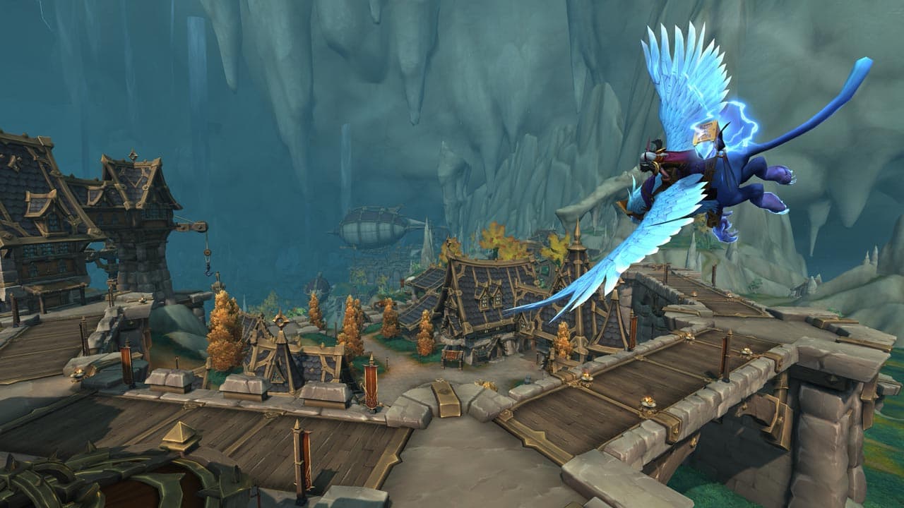 A blue bird flying over a city in World of Warcraft.