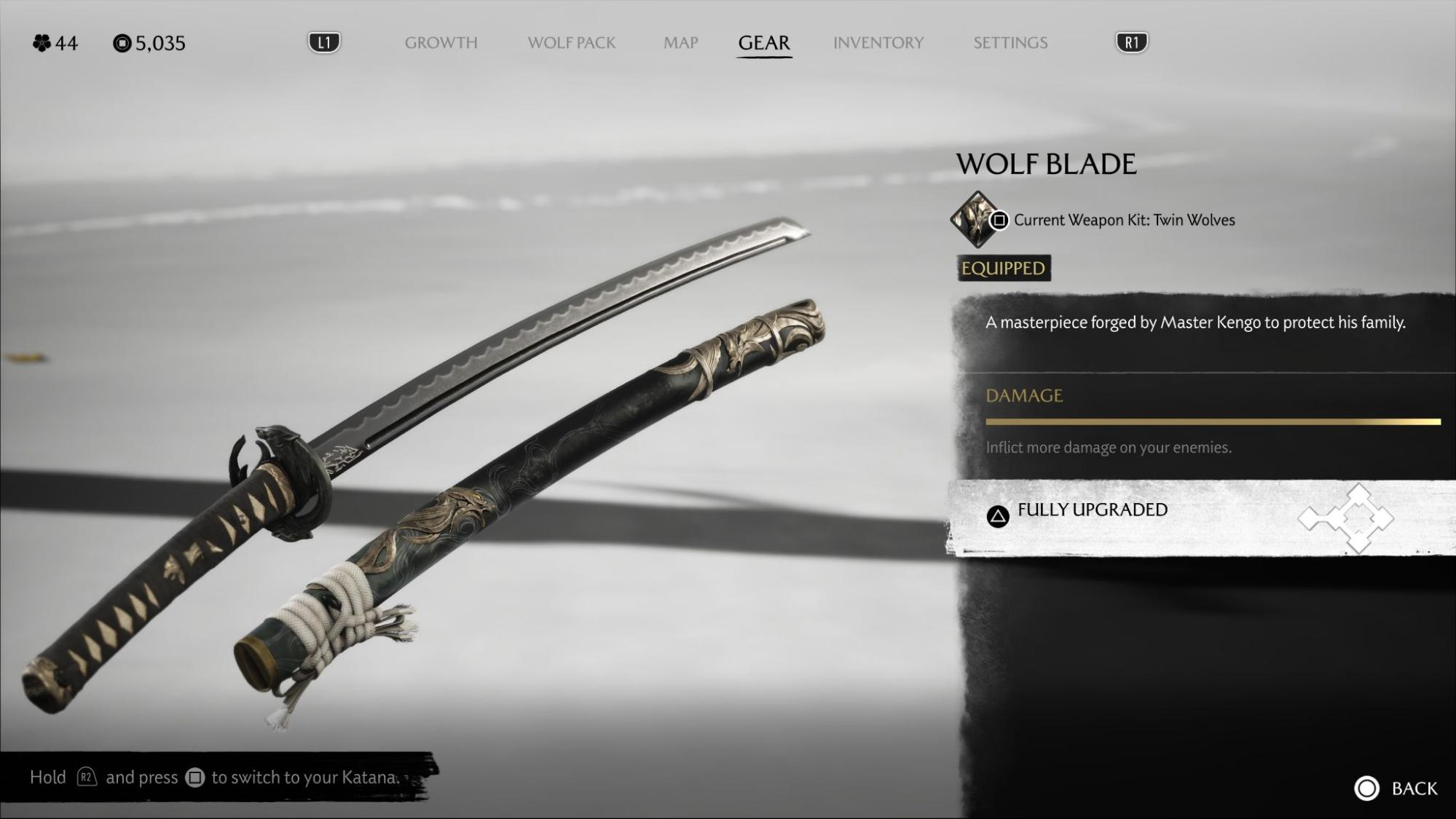 The Wolf Blade katana upgrade screen in Ghost of Yotei showing the fully upgraded weapon stats