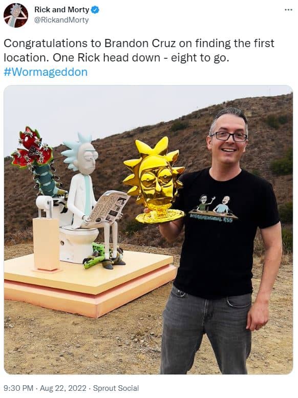 Shot of the first winner of the golden Rick head for Rick and Morty Season 6 Wormageddon.