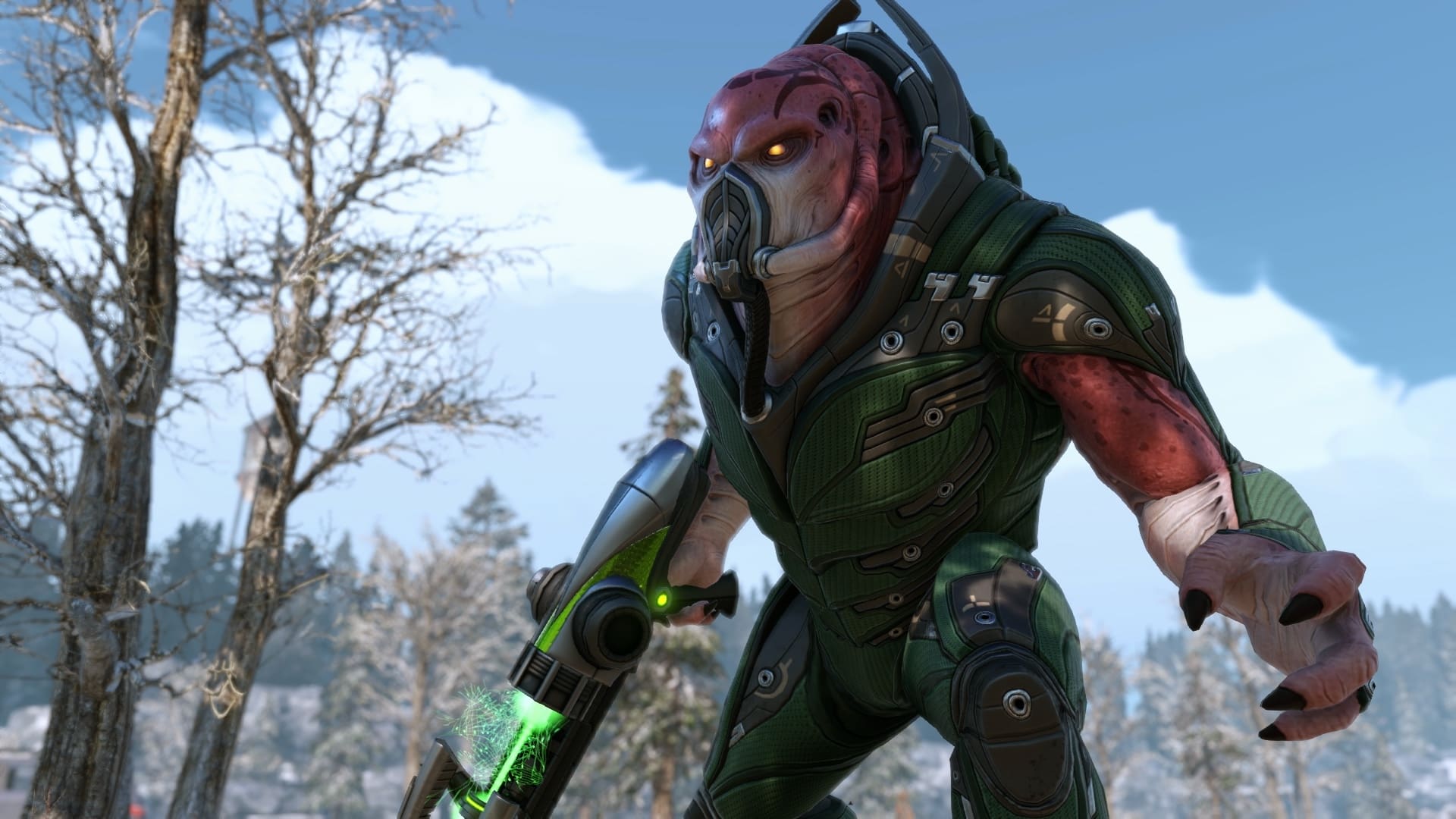 Alien creature in futuristic armor grips a glowing weapon, standing in a snowy landscape with leafless trees in X-COM 2