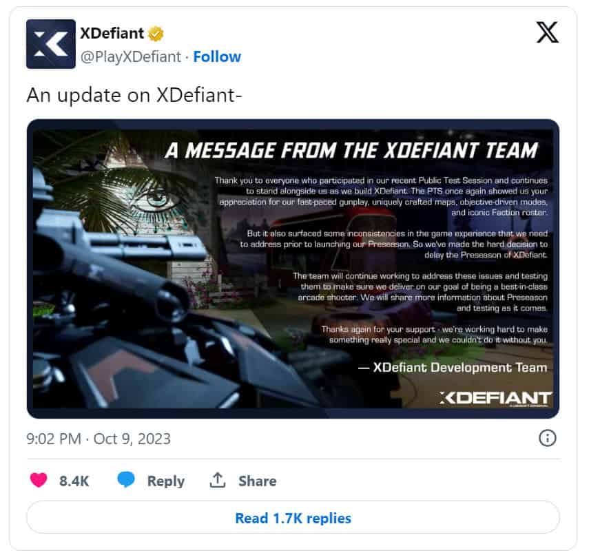 A tweep with a message about Xdefiant.